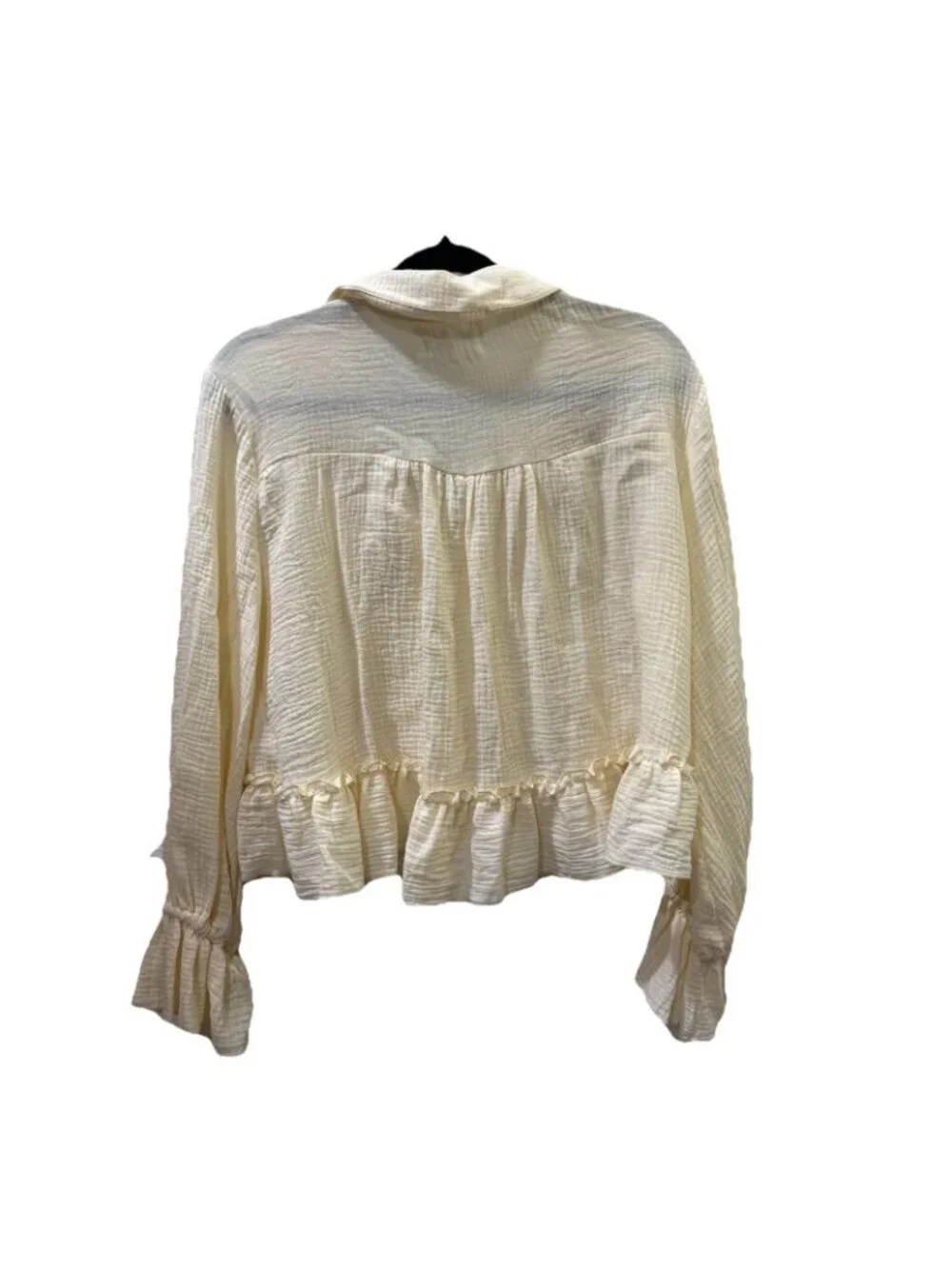 Bucket List Peplum Ruffled Crop Top Oversized Lantern Sleeves Boho Gauze Size L